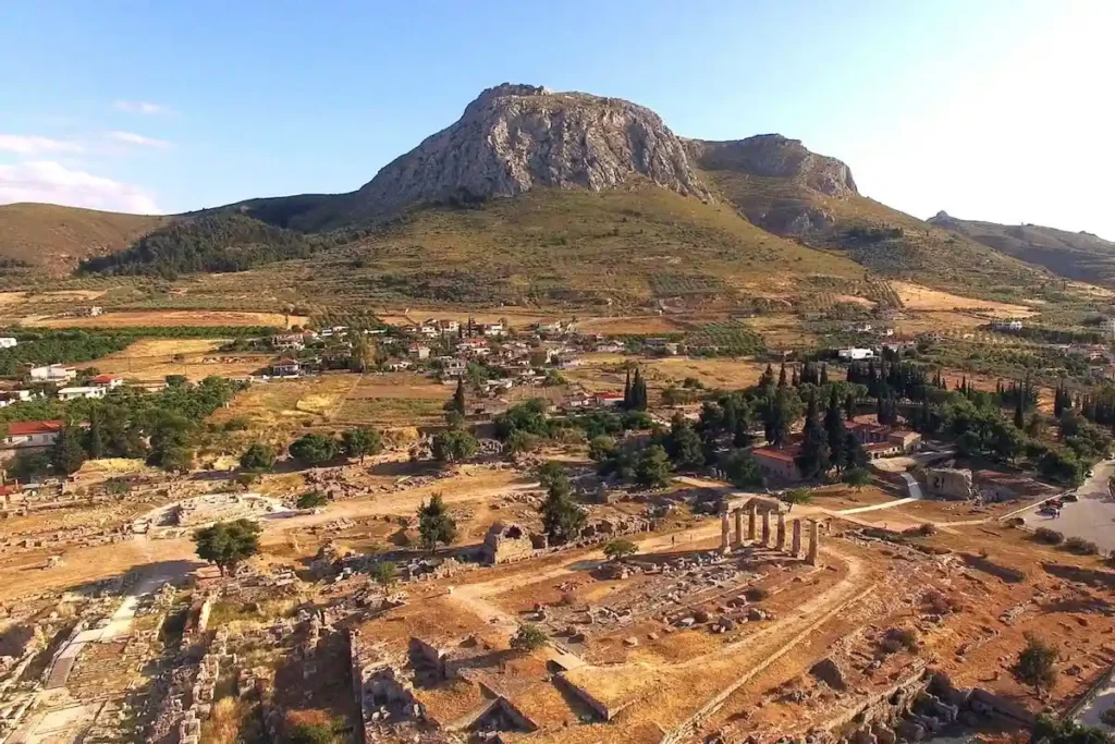 Acrocorinth citadel and surrounding valley seen from the ancient hilltop fortress, Peloponnese, Greece