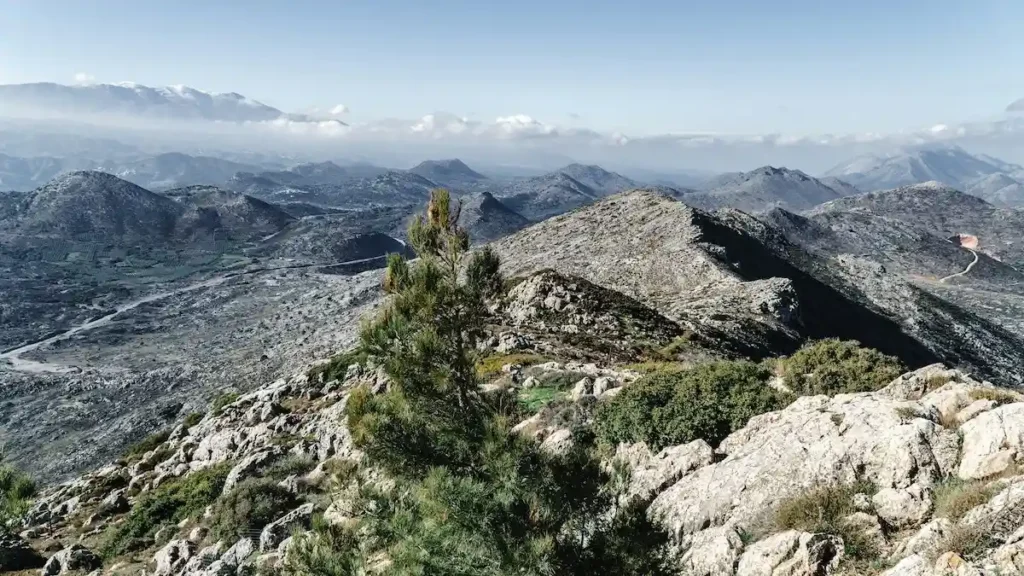 Panoramic view of the rugged Cretan mountain ranges looking west from the summit of Mount Strouboulas.