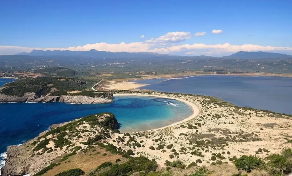 Gialova Lagoon, a protected wetland beside the village of Gialova, Messinia, Greece