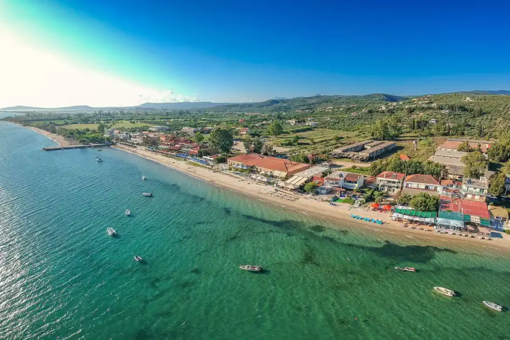 Aerial view of Gialova village on Navarino Bay, opposite Pylos, in Messinia, Greece
