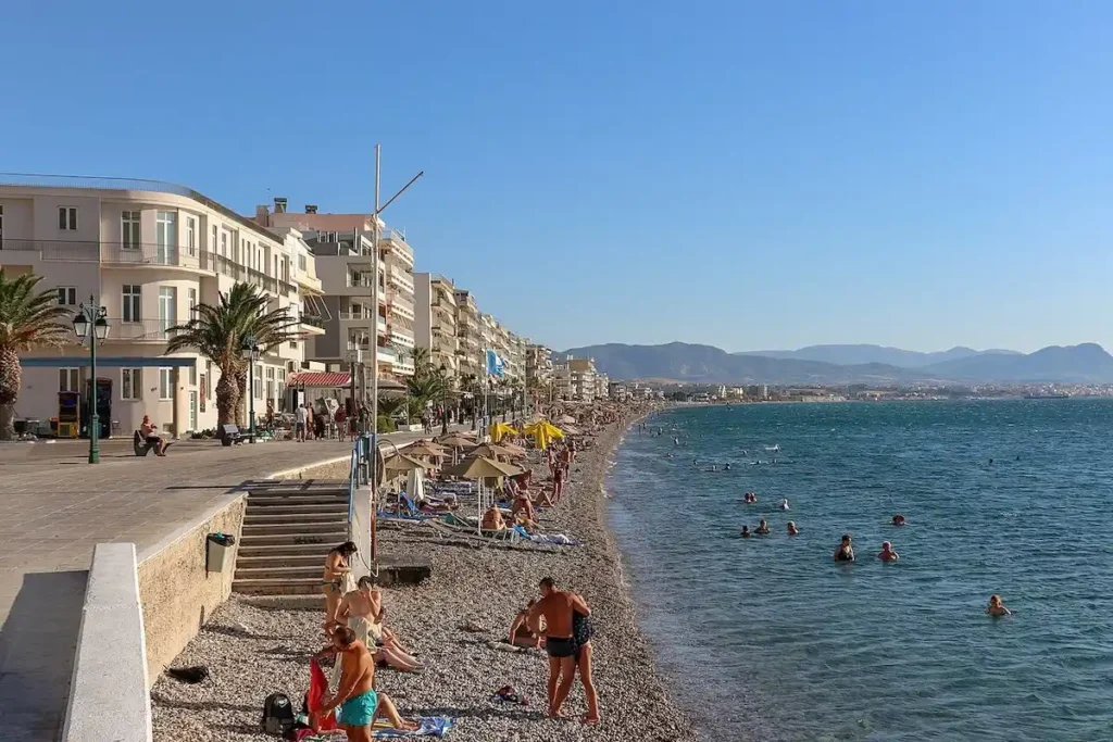 Loutraki beachfront and promenade, a busy seaside town near Corinth, Greece