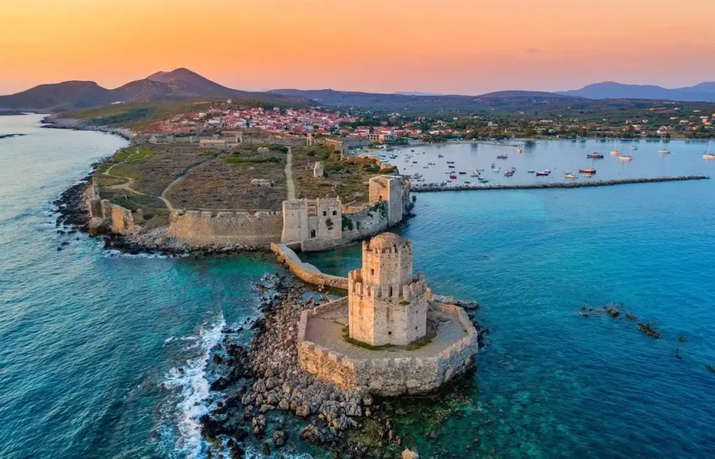 Aerial view of Methoni Castle and the town of Methoni on the Messinia coast, Greece