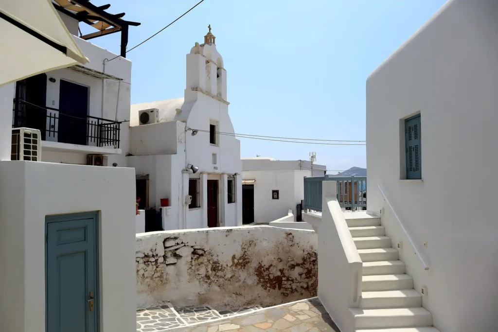 Historic center of Naxos with a church and traditional houses