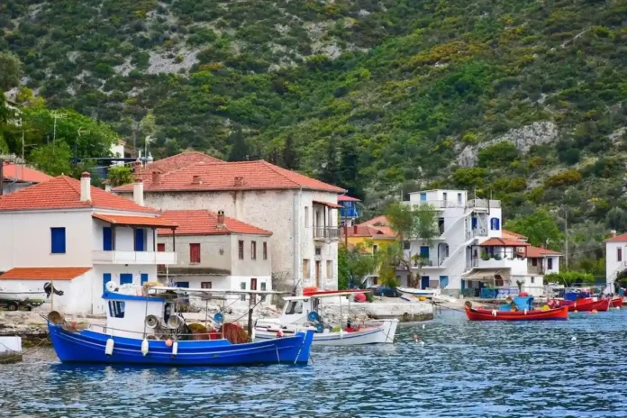 Fishing boats moored at the port of Old Trikeri.