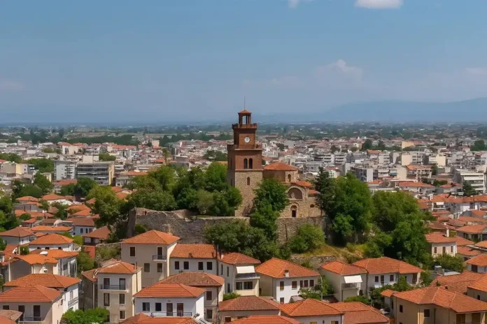 A panoramic view of Trikala city featuring the iconic Clock Tower, historic old town buildings, and a modern cityscape stretching toward a distant valley.