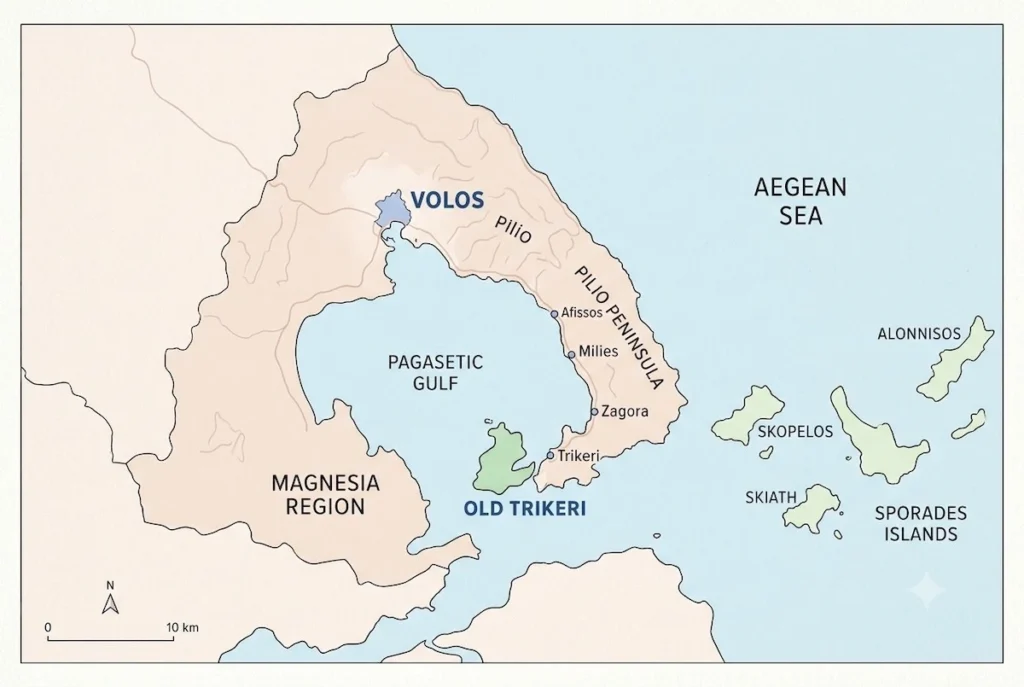 Map showing Old Trikeri and its location near Volos.