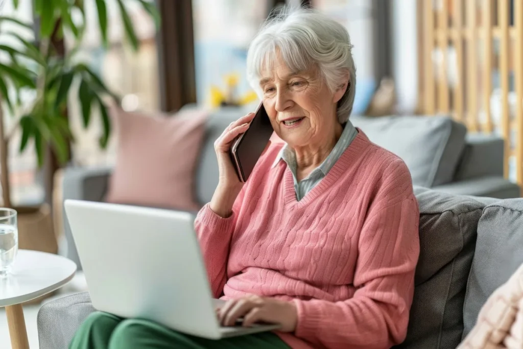 A woman wearing a pink sweater and green pants sits on a modern gray sofa in a brightly lit lobby, multitasking by looking at her laptop and talking on her cellphone.