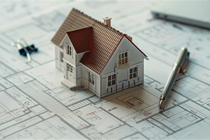 Toy model house, a pen, and a paperclip resting on top of an architectural blueprint.