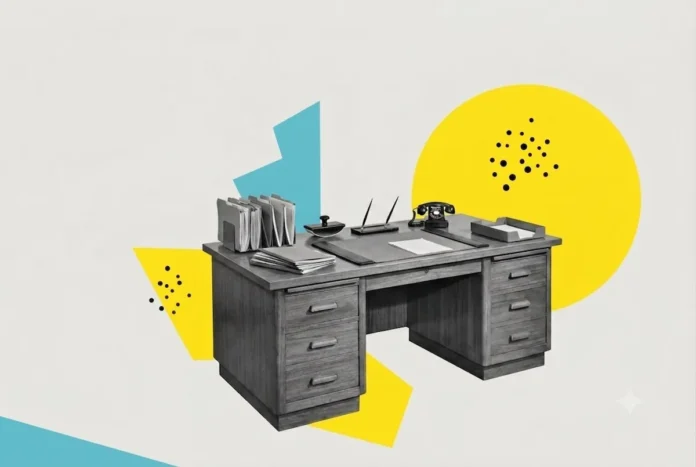 An abstract, stylized illustration collage in yellow and turquoise, showing a desk where various Greek bureaucracy tasks—represented by icons for health, tax, administration, and banking—are being managed simultaneously by a user.