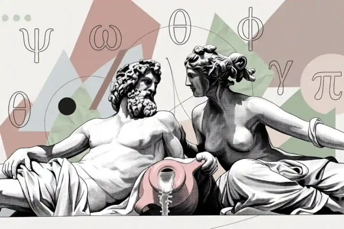 A digital halftone collage featuring a classical sculpture of a reclining river god and water nymph pouring a pitcher, surrounded by Greek alphabet letters and pastel geometric shapes.