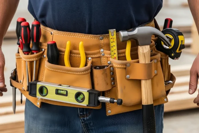 Close-up of a tool belt with a hammer and screwdrivers around a man's waist, hands visible against dark jeans and a t-shirt.