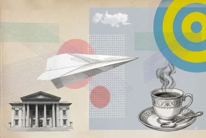 A paper airplane, a bank and a Greek coffee cup in black and white over pastel geometric shapes