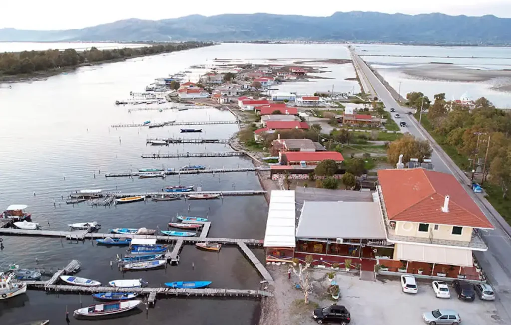 Aerial view of Tourlida village surrounded by the Messolonghi lagoon