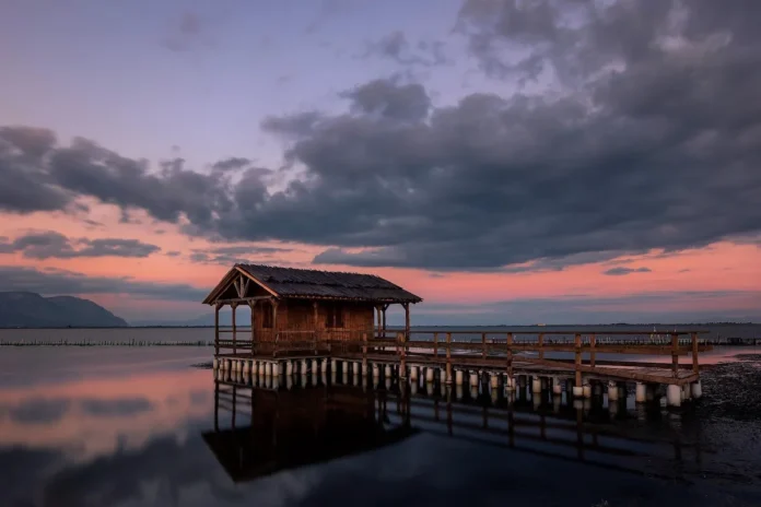 Wooden pelada hut standing on stilts in the Messolonghi lagoon