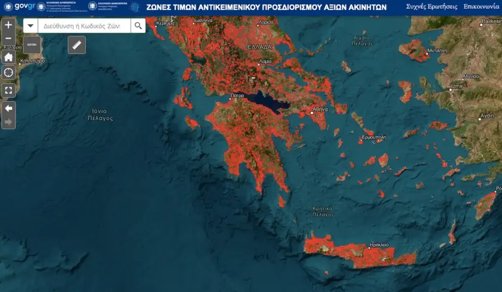 Valuemaps.gov.gr map of Crete, the Peloponnese, and the Aegean, used to look up a property's objective value by address