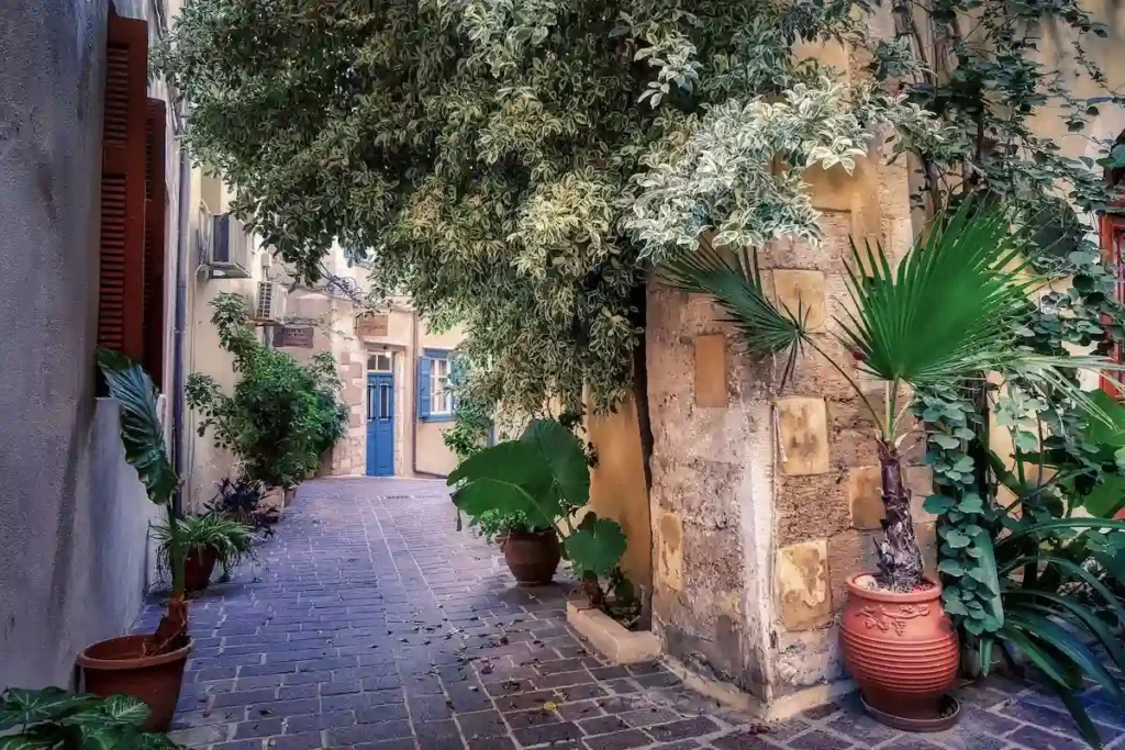 Narrow alley between traditional buildings in Chania