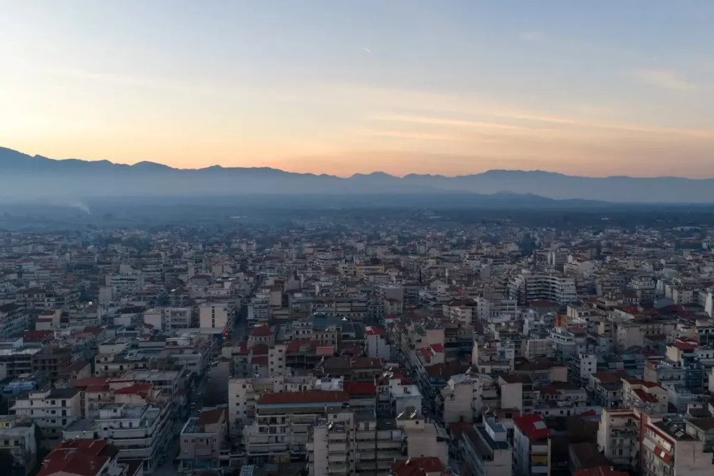 Aerial view of Karditsa, Greece, showing the flat surrounding plain