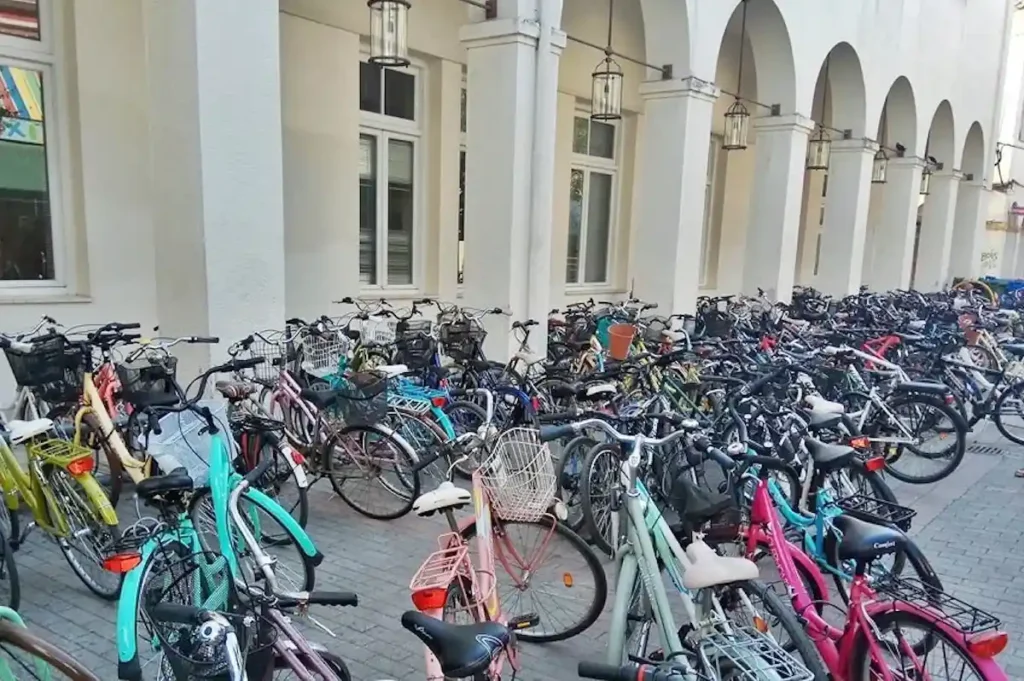 Dozens of bicycles parked along a street in Karditsa, Greece