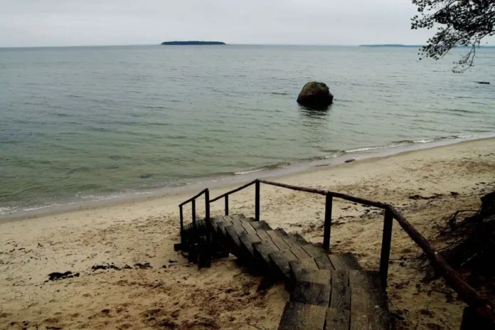 Wooden staircase leading down to a serene sandy beach and clear blue water.