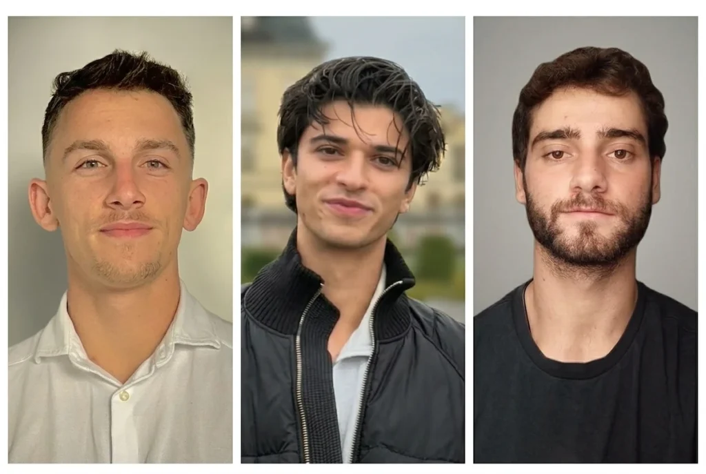 Triptych portrait of the three PlotX co-founders, from left to right: Panagis Travlos, Alexandros Vinieratos and Nikolaos Matrangos.